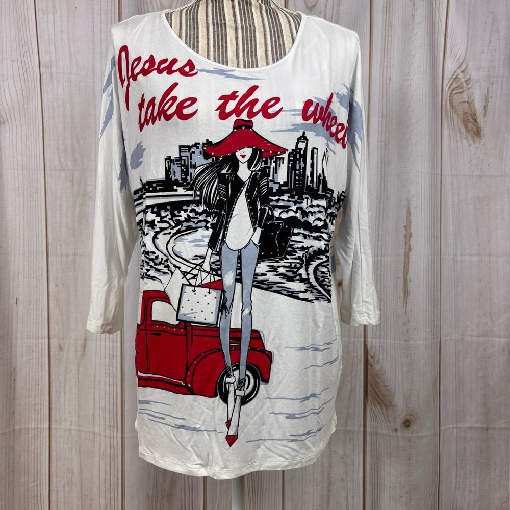 Mesh & Lace Oversized Graphic Tee Drop Shoulder Lightweight White Red Size M